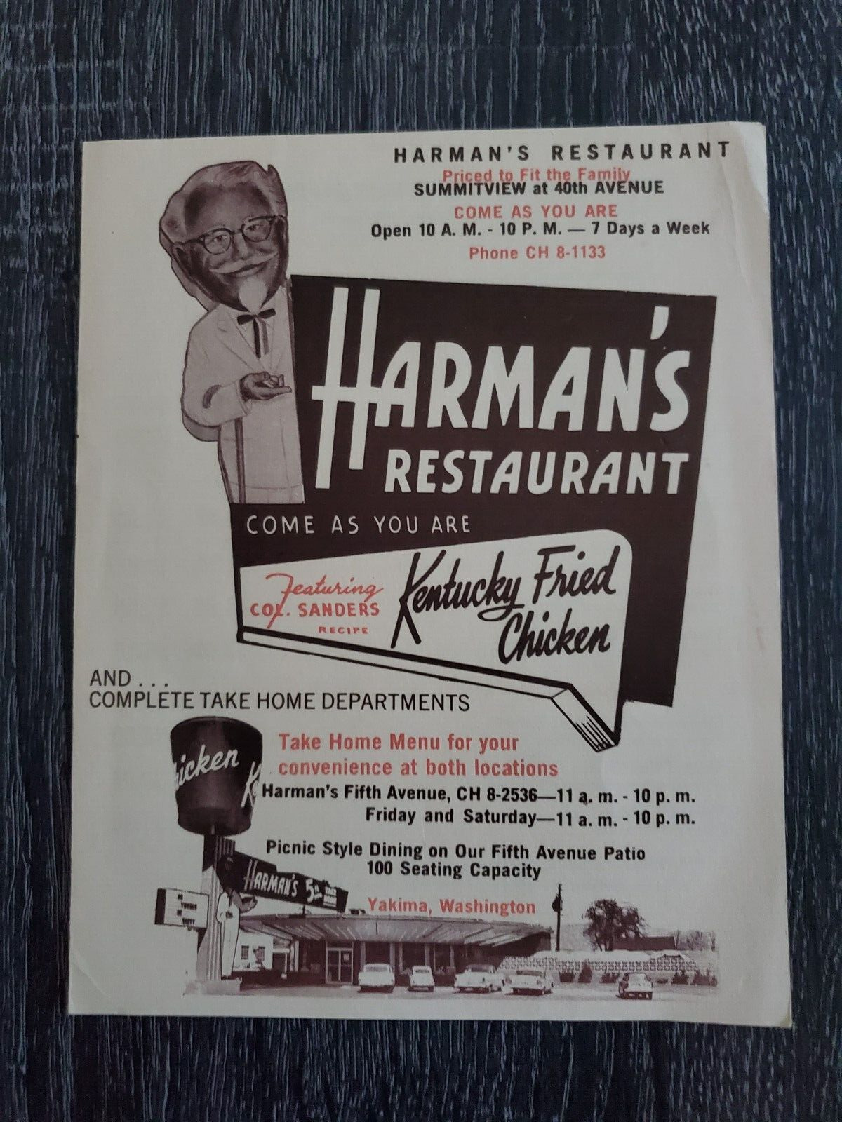 KENTUCKY FRIED CHICKEN KFC HARMAN\'S RESTAURANT VINTAGE 50S MENU YAKIMA WA