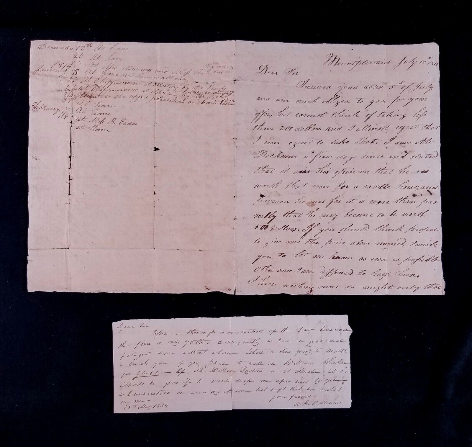 2 Atq 1818 & 1823 Original Handwritten Capt John N Tolson VA Letter & Document