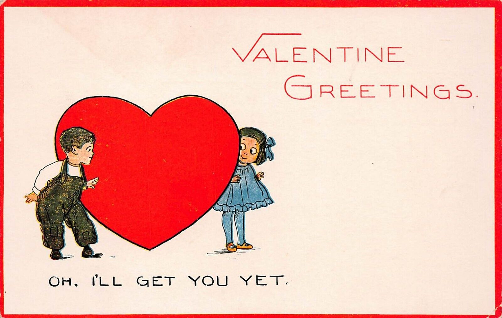 Antique Valentines Day Card Large Heart Minimalist Blue Dress Vtg Postcard B10