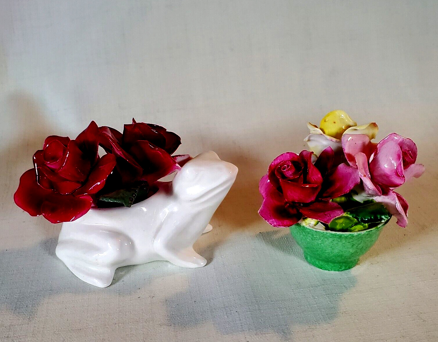 Crown Straffordshire Bone China Flower & Frog Figurines Hand Painted Set of Two