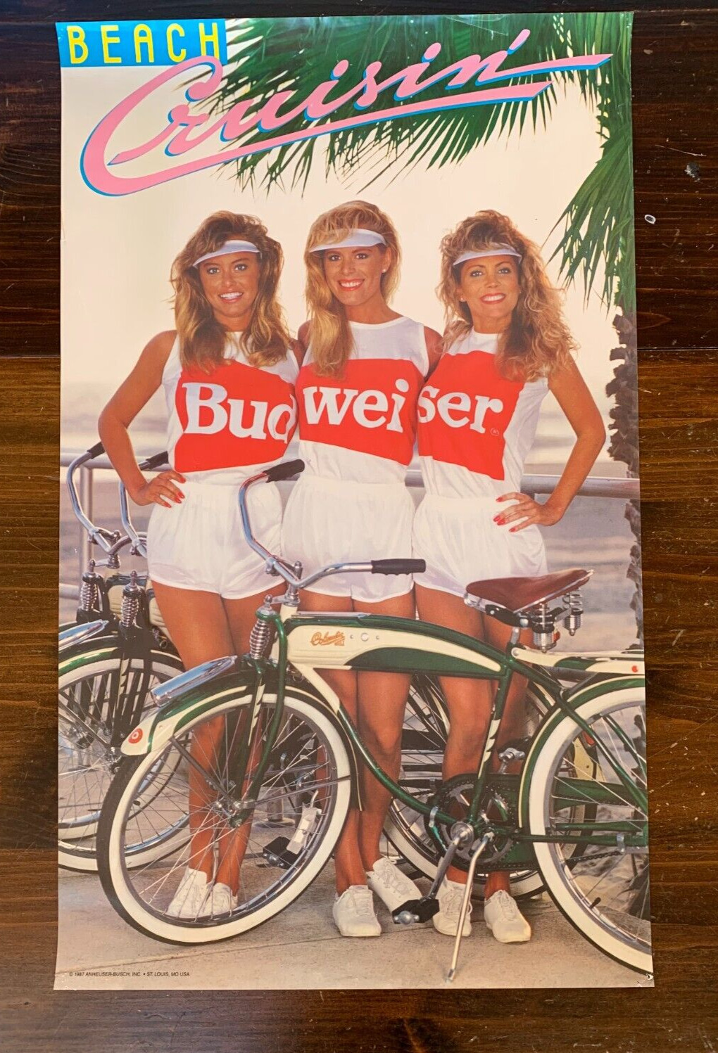 vintage 1987 BUDWEISER Beer Poster BEACH CRUISIN\' 20X33 KATHY IRELAND
