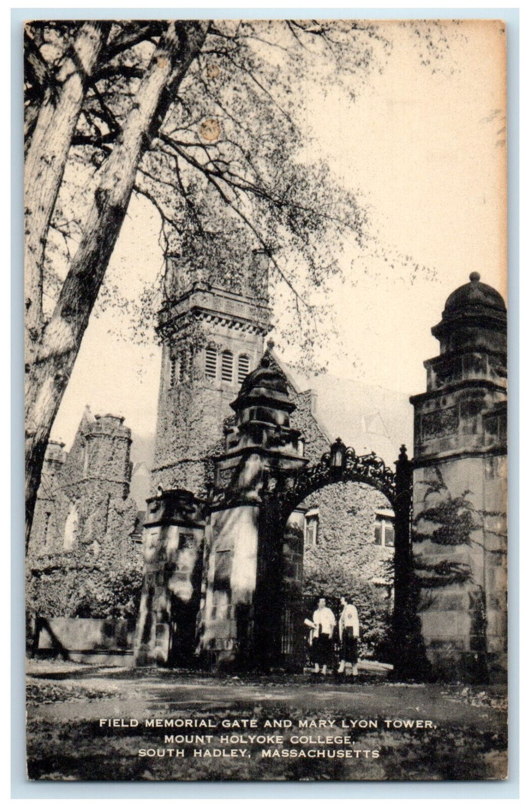 c1940\'s Field Memorial Gate and Mary Lyon Tower South Hadley MA Postcard