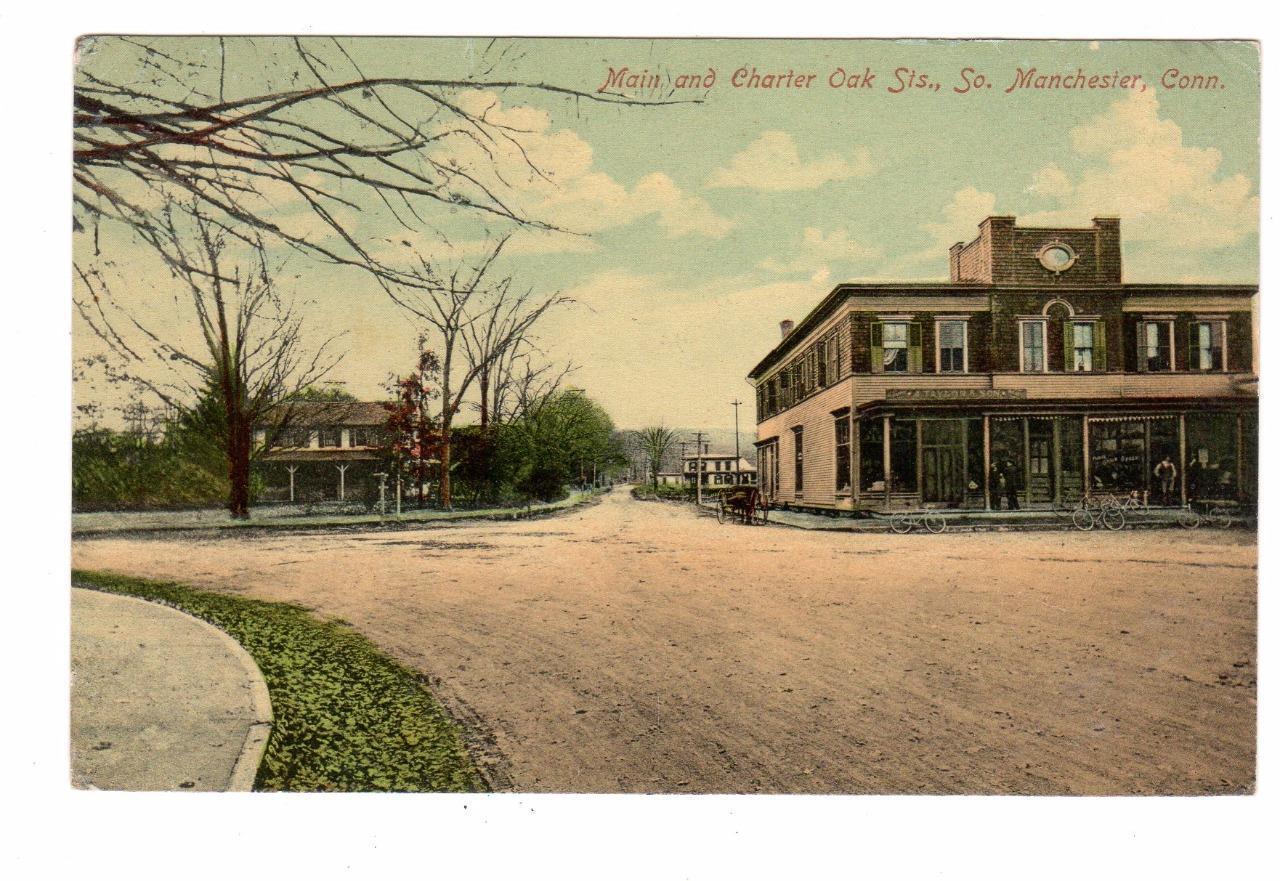 CT - SOUTH MANCHESTER CONNECTICUT 1914 Postcard MAIN & CHARTER OAK STREET