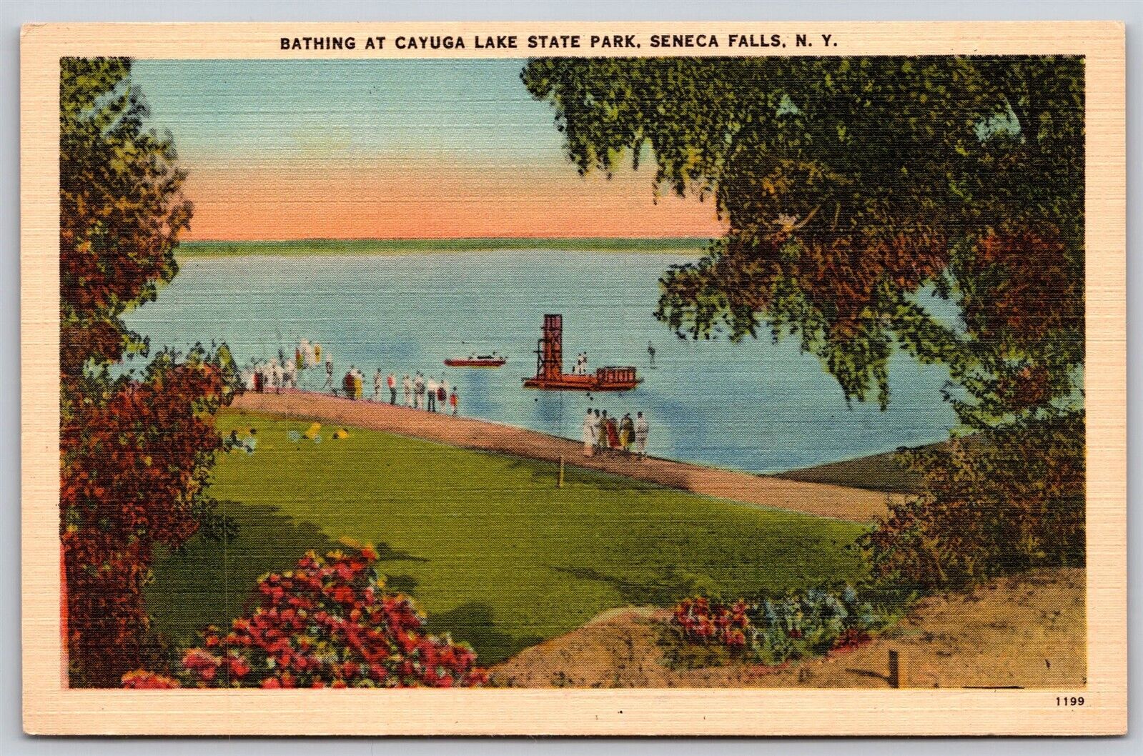 Postcard Bathing at Cayuga Lake State Park, Seneca Falls NY linen O61