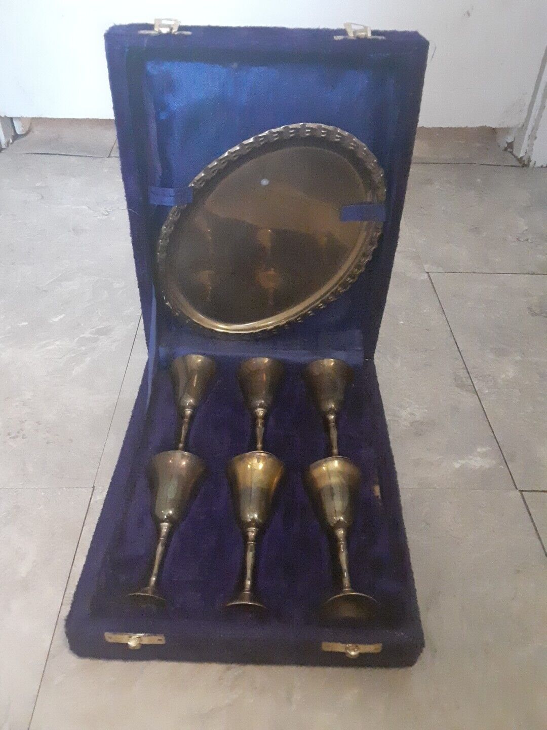 Vintage Brass Tray With Glasses Tumblers Lot  in Box
