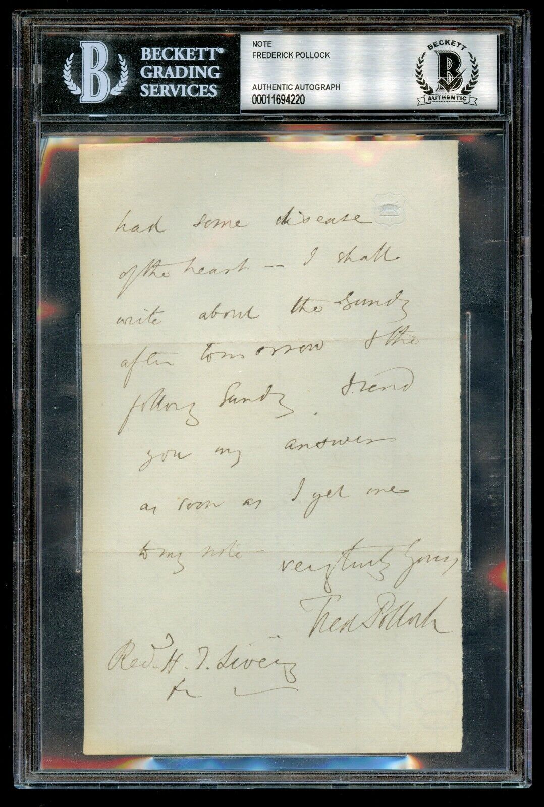 Frederick Pollock signed Handwritten Letter 1st Baronet Lawyer & Politician BAS 