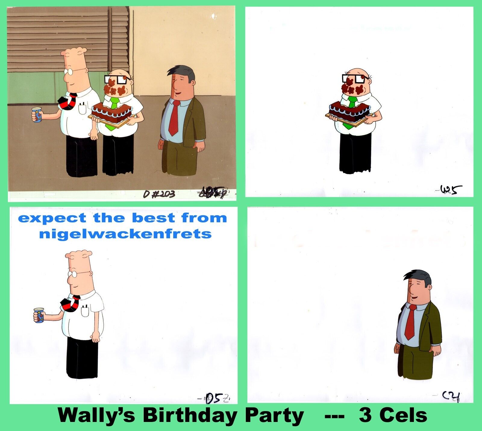 (SALE) DILBERT Animation 3-Cels:  DILBERT, WALLY & Marketing GUY w/Glossy BG