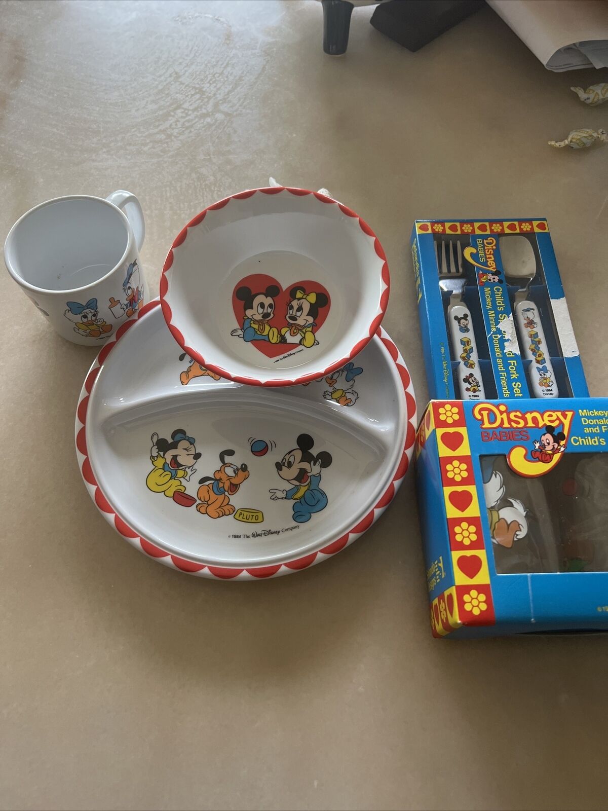 Vintage 1984 Disney Babies Cup Plate Fork & Spoon Set -  Utensils & Glasses