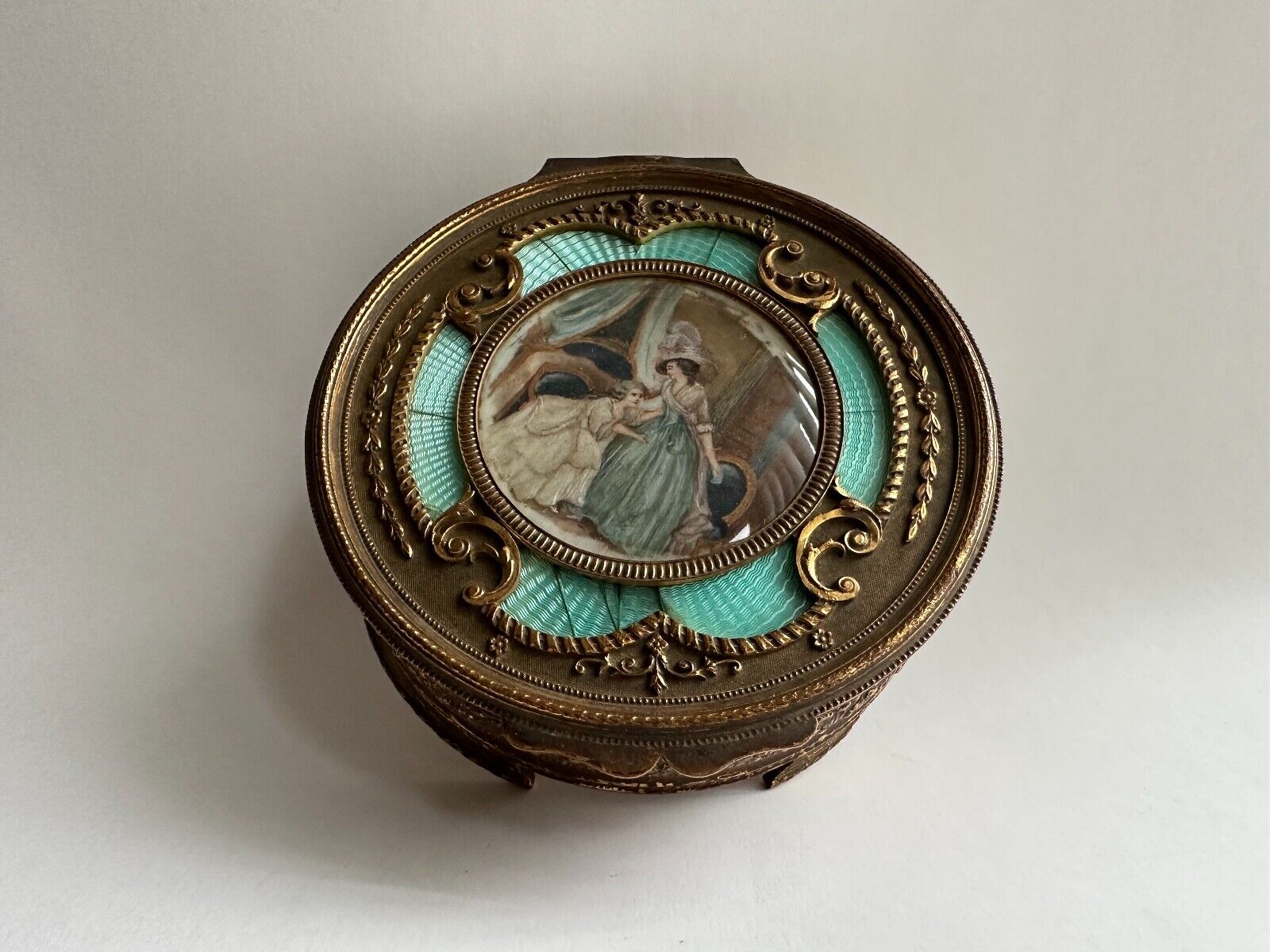 Antique French Bronze Guiloche Enamel Trinket Jewelry Box, Hand Painting