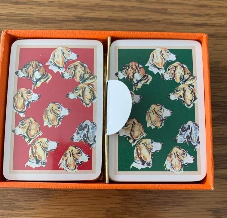 HERMES 2 Deck of Playing Cards Poker Trump Game Authentic Red Green Dog w/box