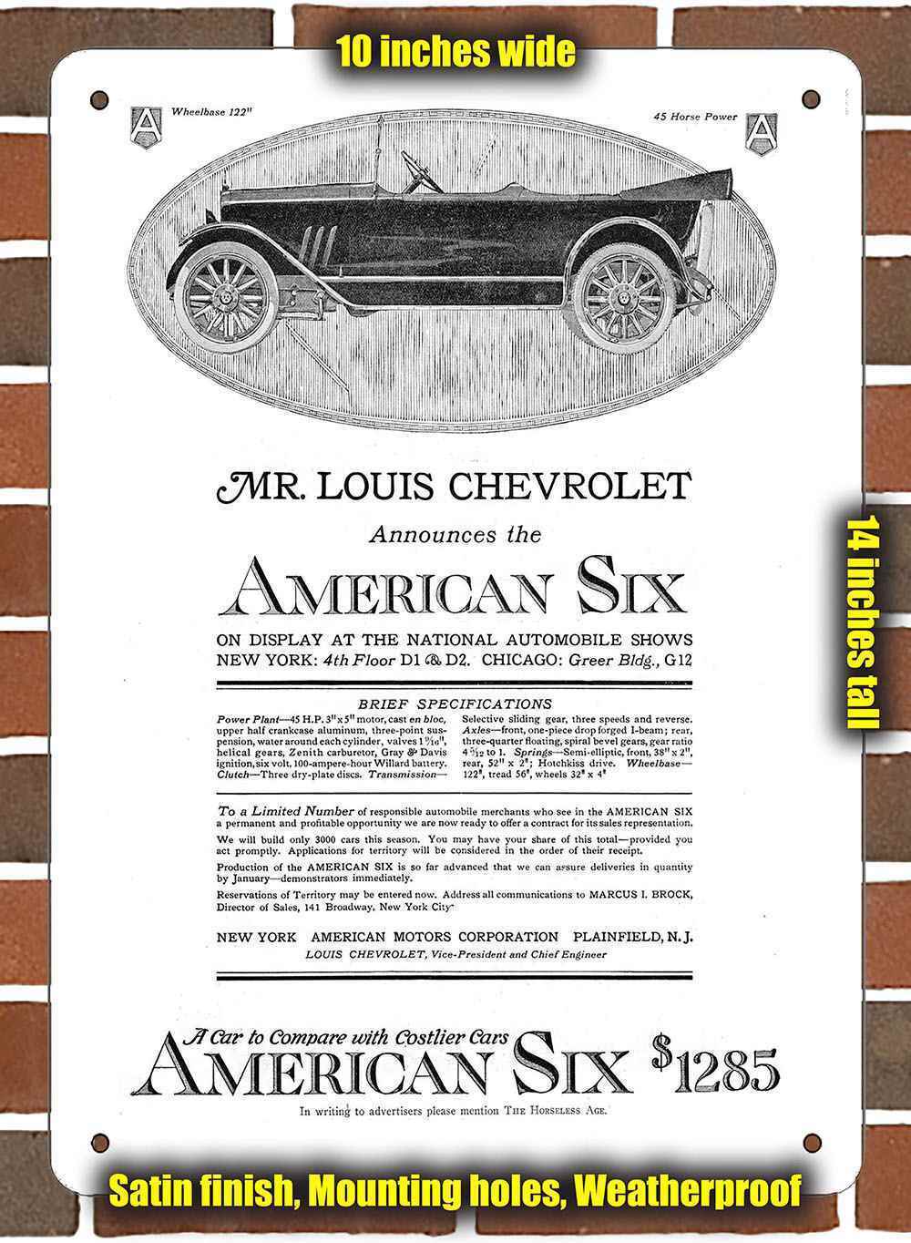 Metal Sign - 1917 Louis Chevrolet American Six- 10x14 inches