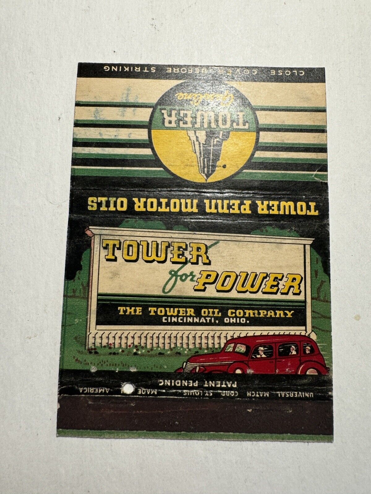 TOWER PENN MOTOR OILS & GASOLINE - Cincinnati, OH - Advertising Matchbook Cover