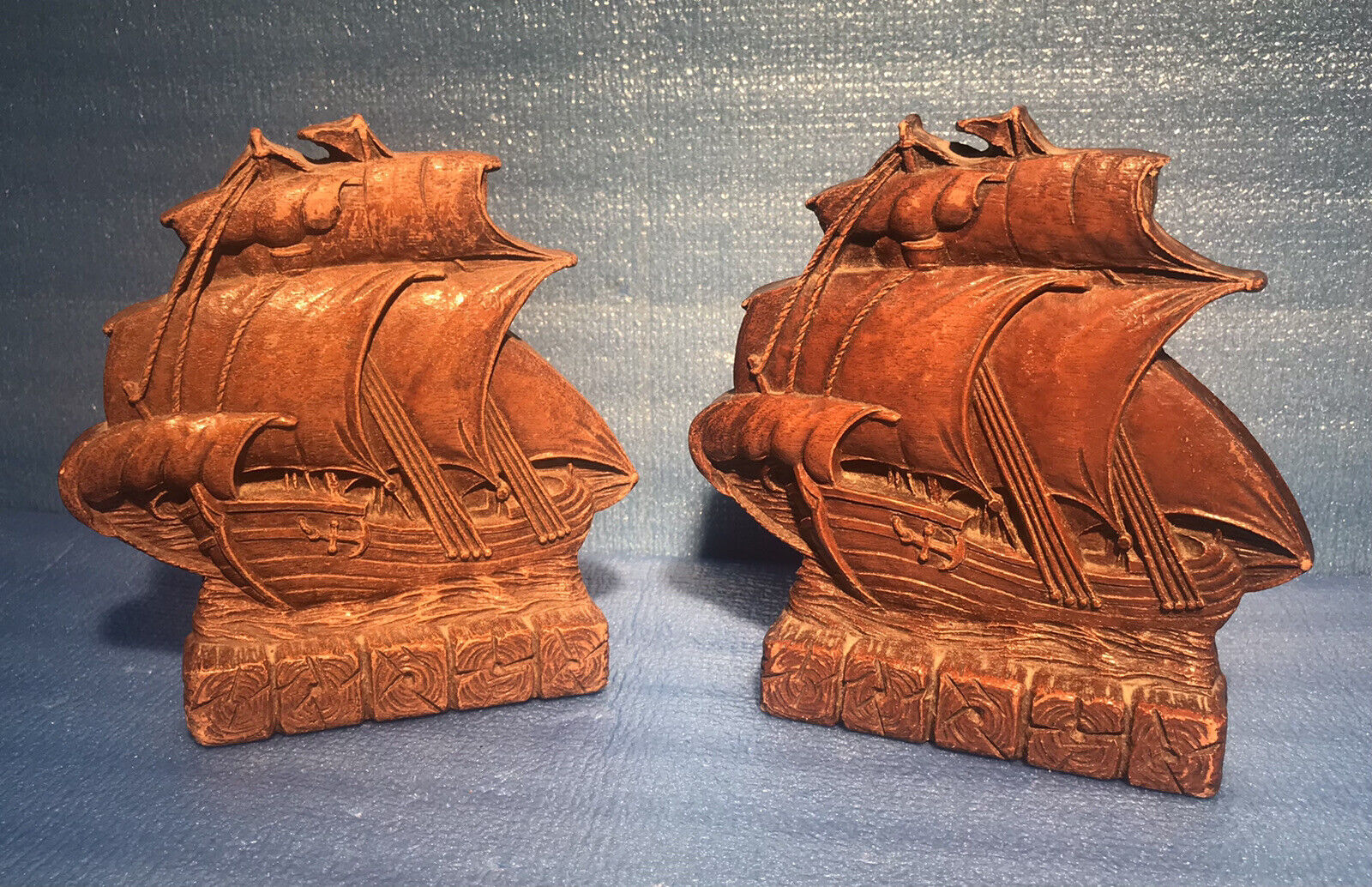 Vintage molded and Metal Sailing Boat Nautical Ship Book Ends Decor Beach Ocean