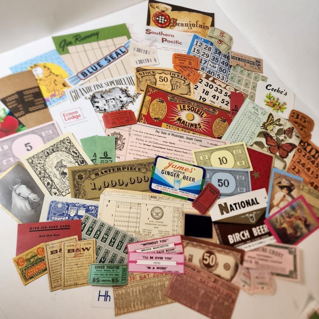 50 pc junk journal paper pack vintage paper ephemera lot tickets labels more H