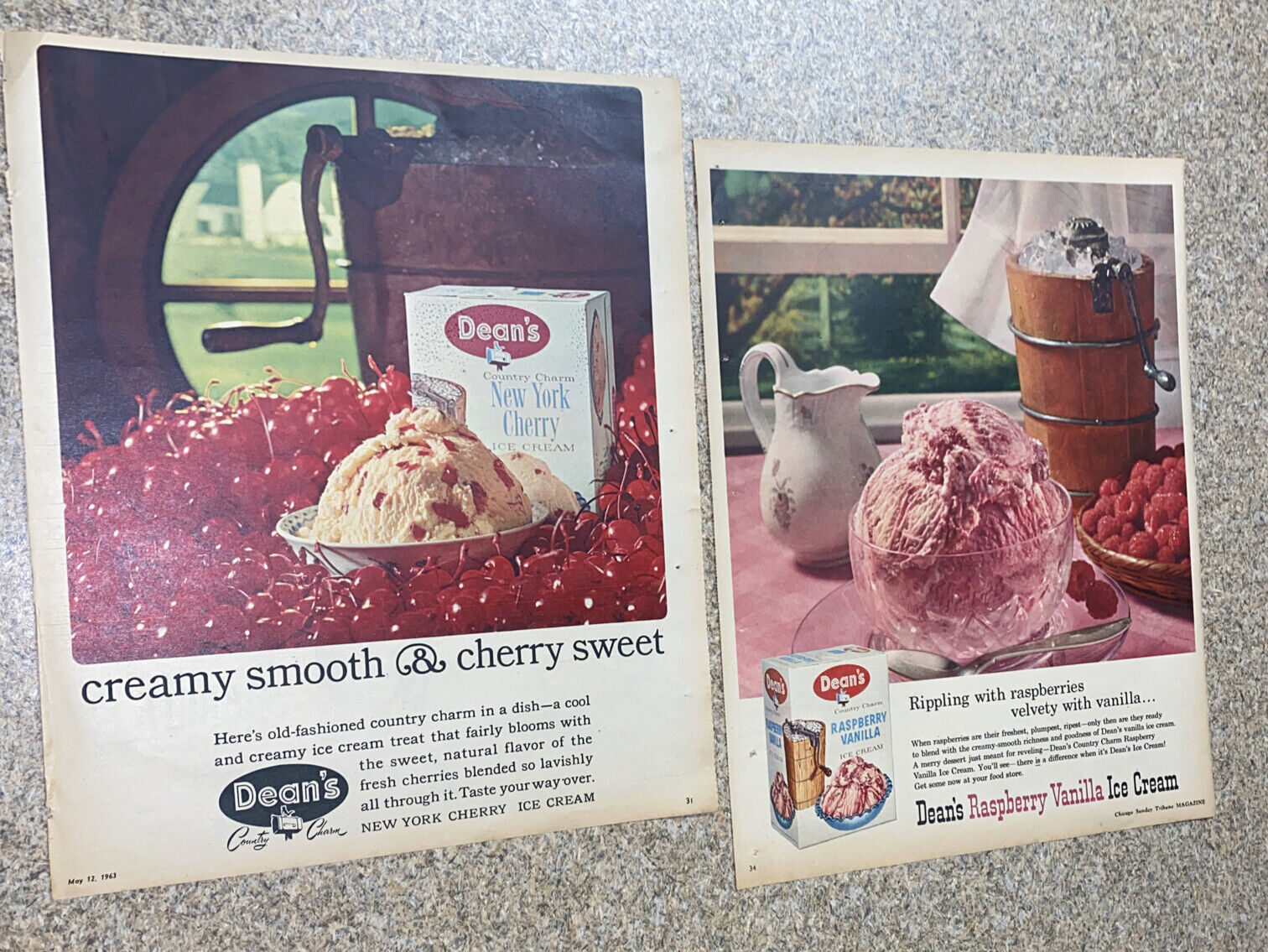2 LOT Vintage 1960s Deans Ice Cream ADS New York Cherry Raspberry Vanilla  MCM