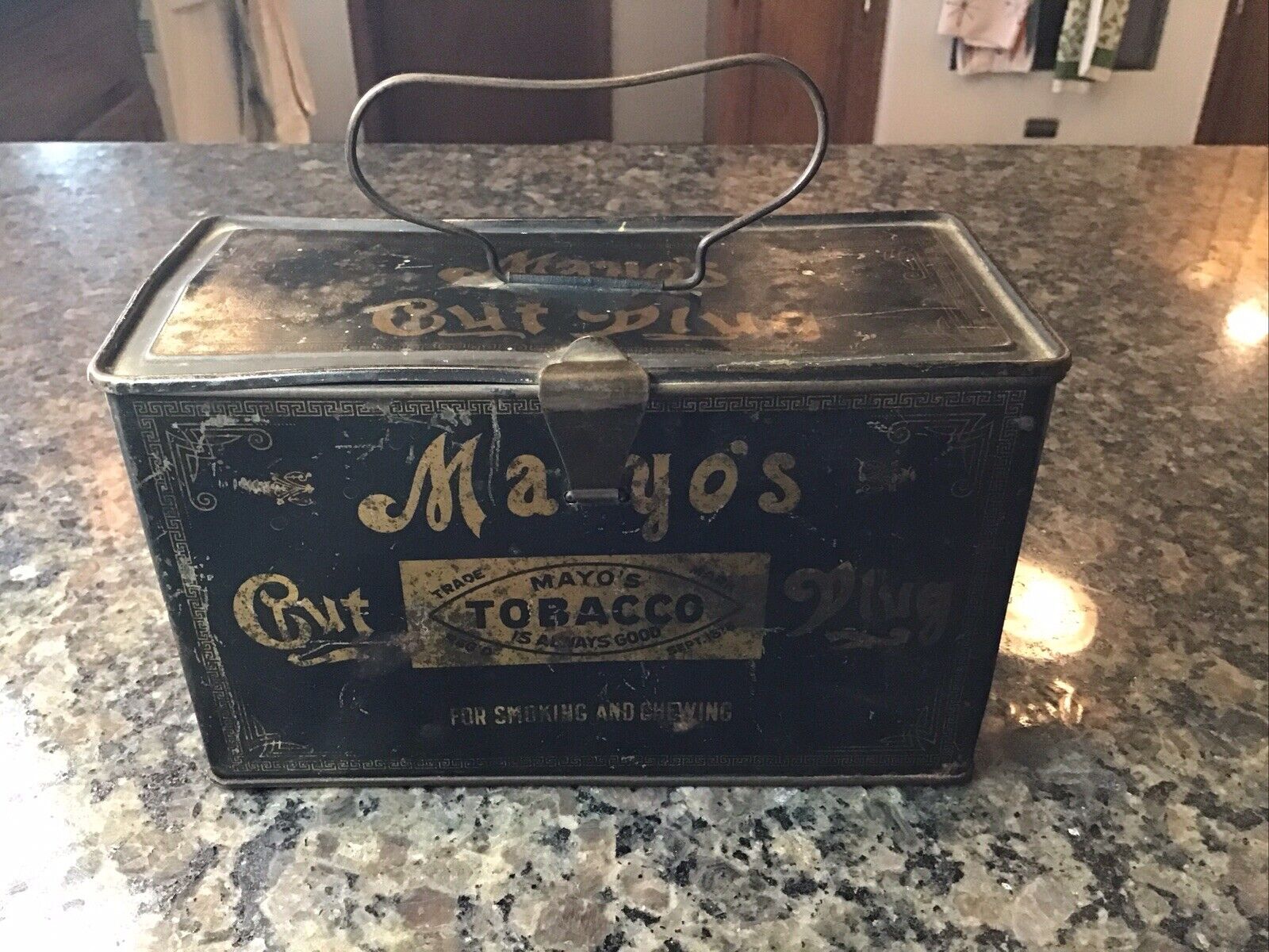 ANTIQUE MAYO'S Cut Plug Tobacco Tin Metal Bail Handle BOX Circa 1878 Pat. RARE
