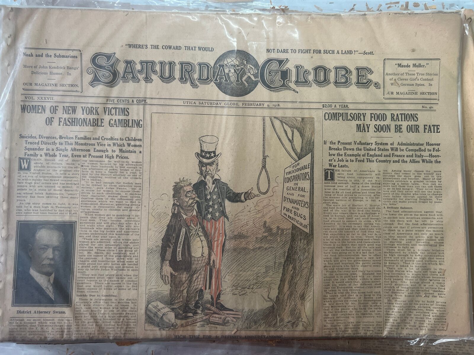Newspaper - Saturday Globe Utica February 9th, 1918