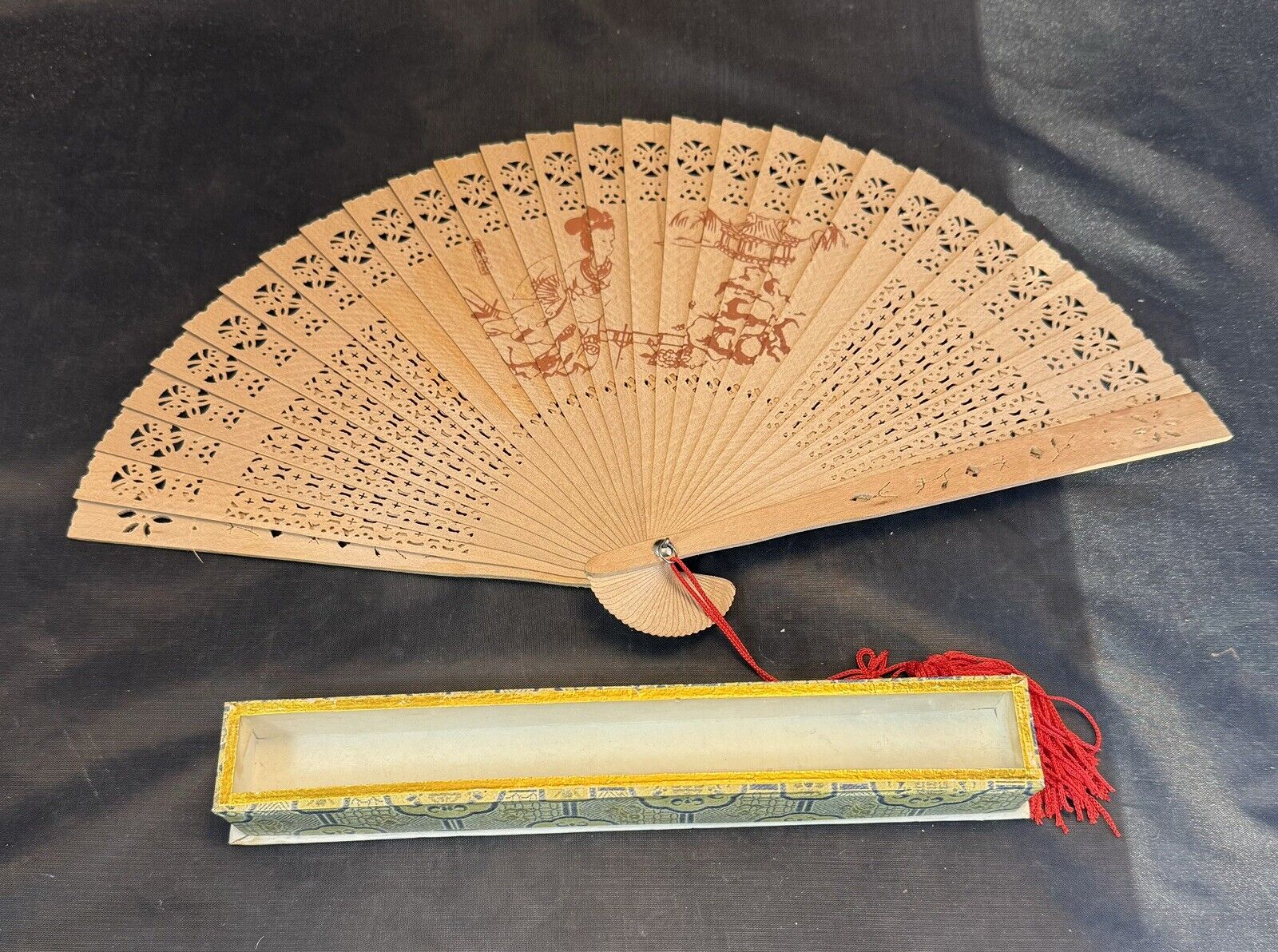 Vintage Japenese Wooden Folding Fan ~ Hand Carved With Original Box