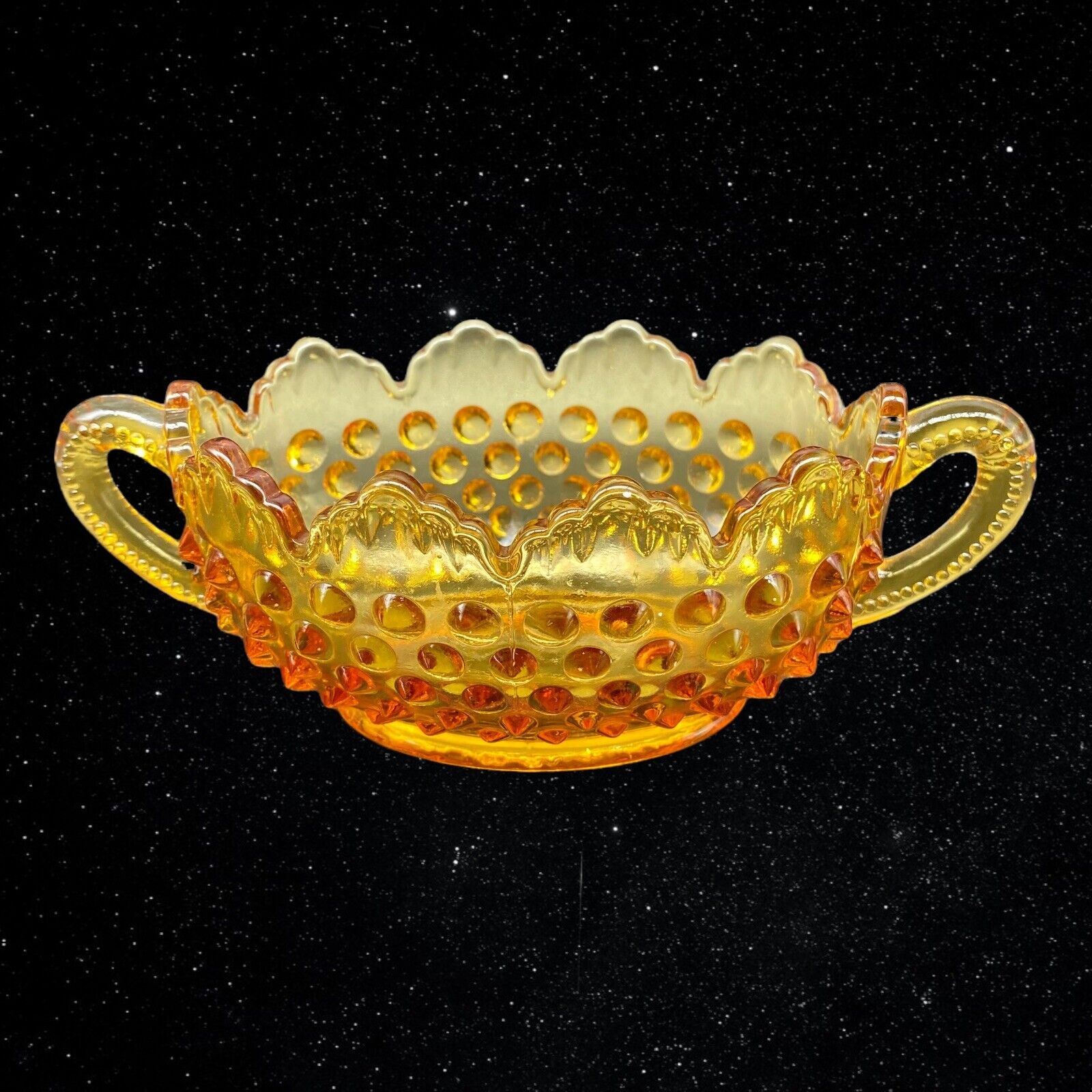 Vintage Fenton Hobnail Colonial Amber Double Handle Bowl 2”T 7”W