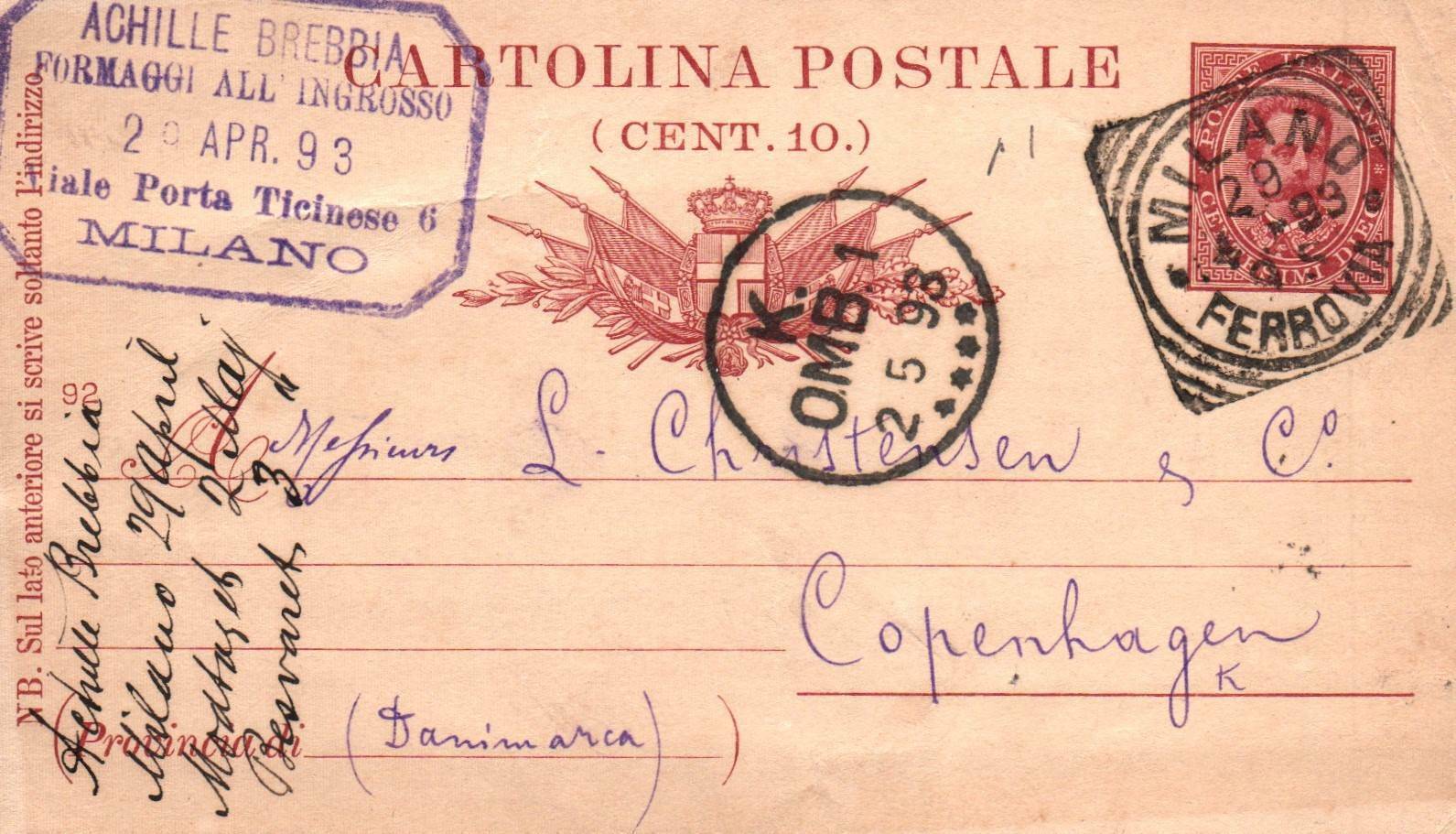 VINTAGE POSTCARD ITALY POSTAL CARD TO DENMARK MULTIPLE CANCELS MILANO 1893