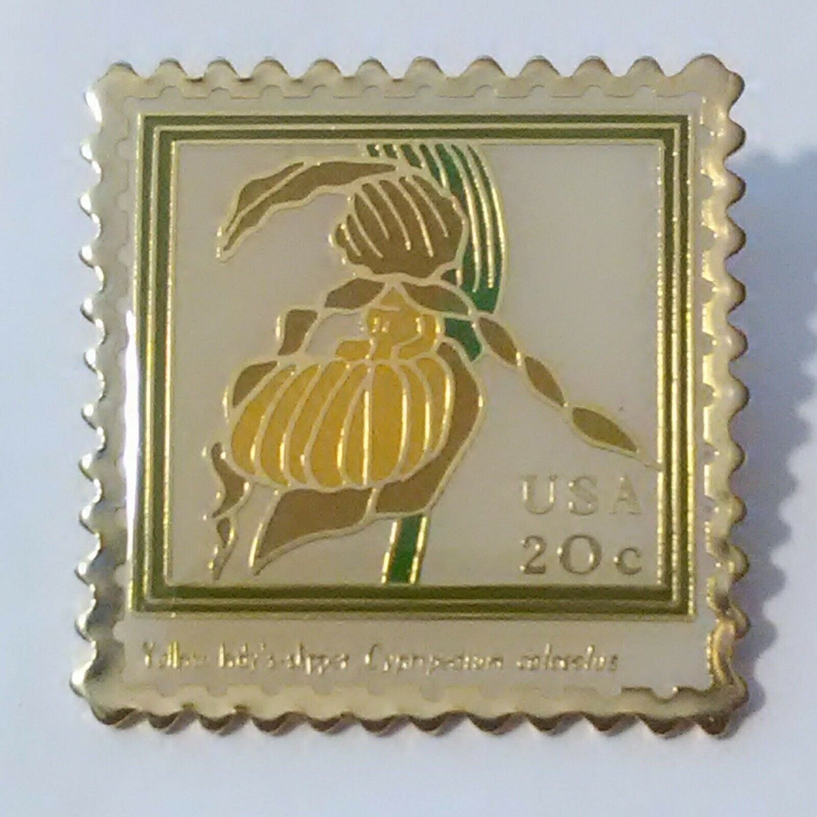 1984 USPS YELLOW HDYS SIPPER CYPRIPEDIUM CALCECLUS LOGO PIN GREAT FOR COLLECTION