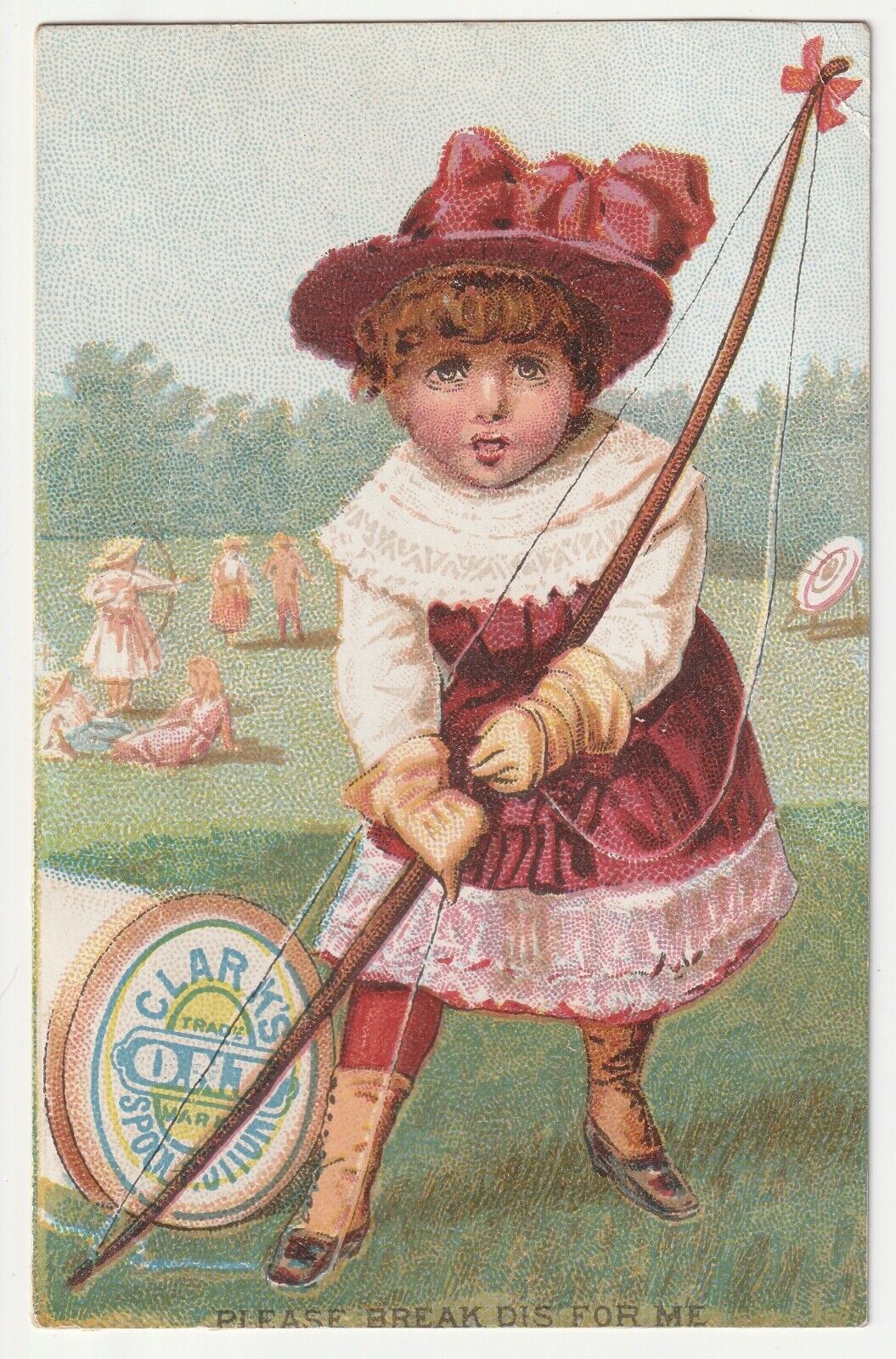 c1880s~Clark\'s ONT Spool~Archery Cartoon~Sewing~Fashion~Victorian Trade Card