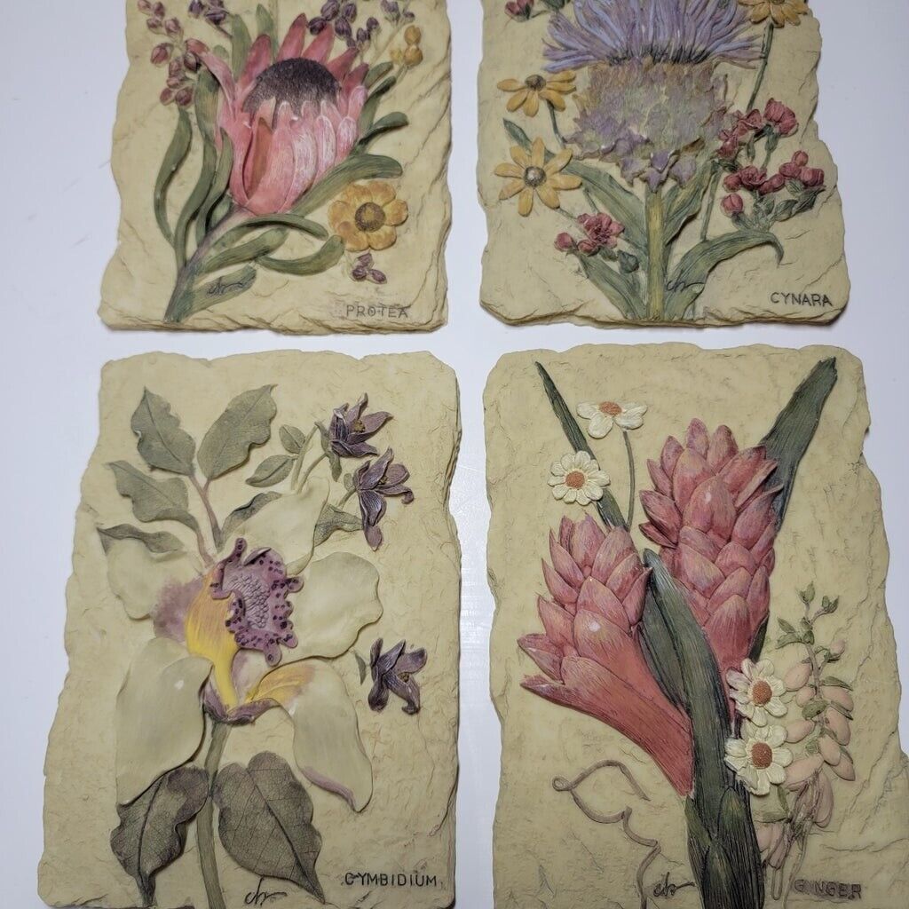 Vintage Cheri Blum Carved Ceramic Floral Wall Art Plaques Botanical Bouquet