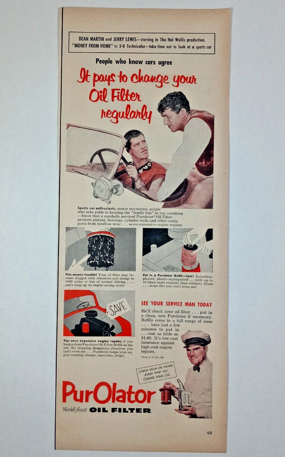 1950\'s PurOlator Oil Filter Mechanic Colorful Automotive Slim Vintage Print Ad