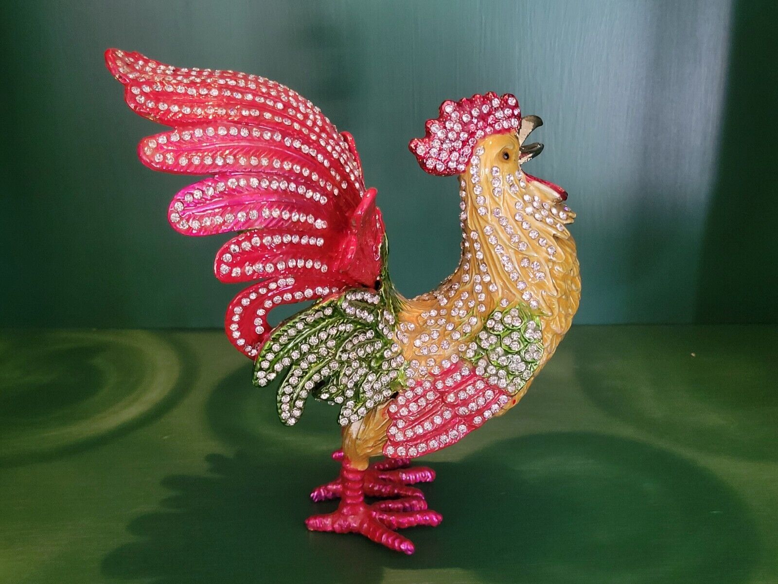 Metal Handicrafts Chinese Enameled And Jeweled Rooster Trinket Box
