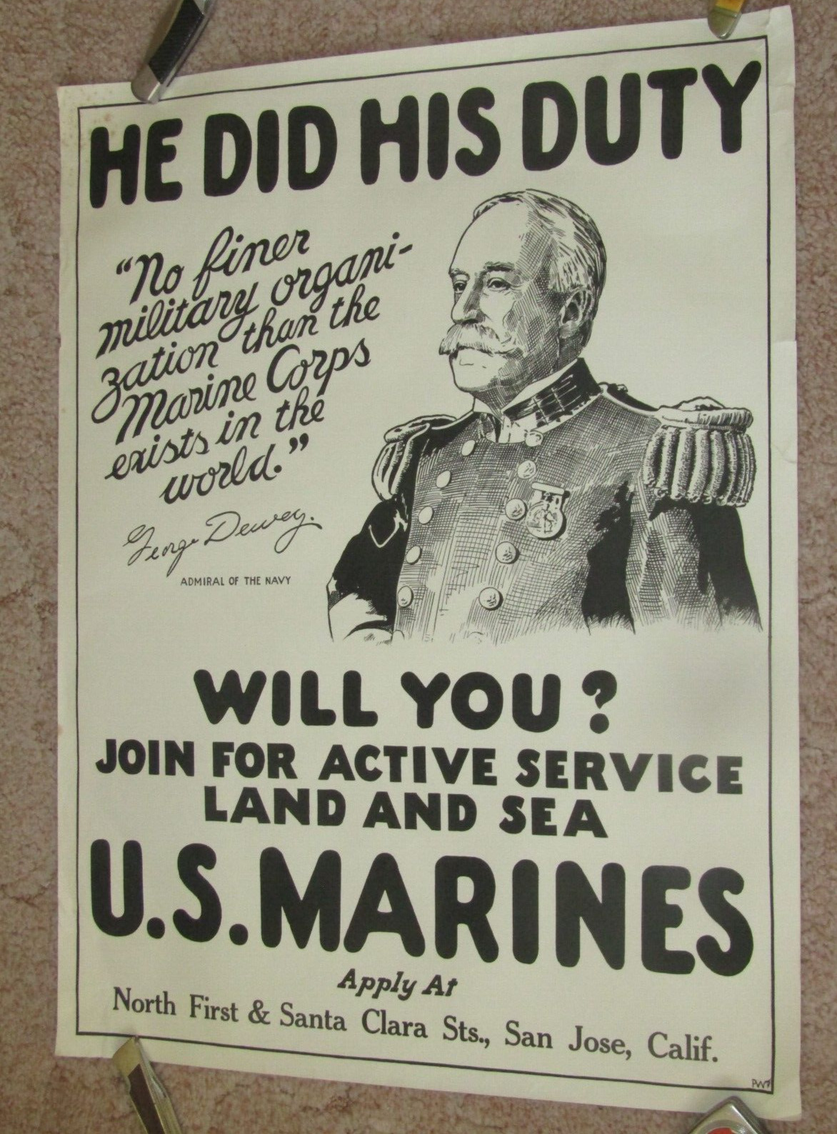 orig WW1 WWI poster HE DID HIS DUTY Dewey Marines Recruitment San Jose CA