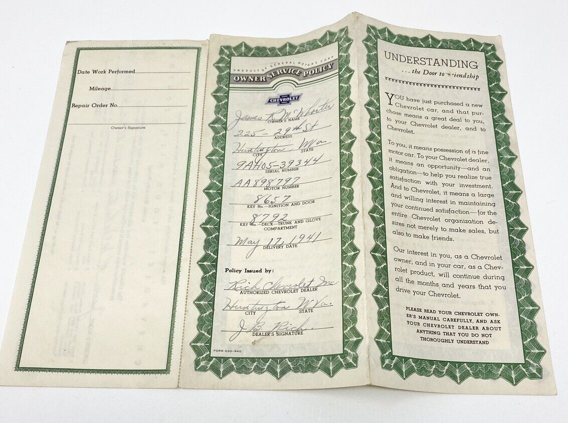 Vintage 1941 Owner Service Policy Chevrolet Car Huntington, West Virginia USA