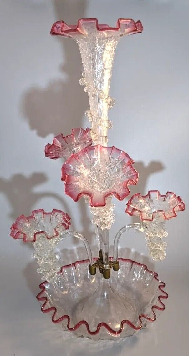 Antique Victorian Cranberry Cracked Rigaree Glass Flute 5 Epergne  Vase 21 In