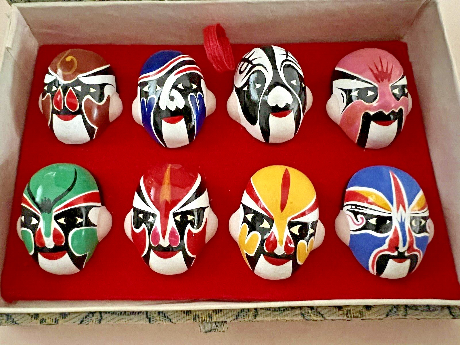 Vintage Mini Ceramic Chinese Opera Masks in Original Display Case (Set of 8)