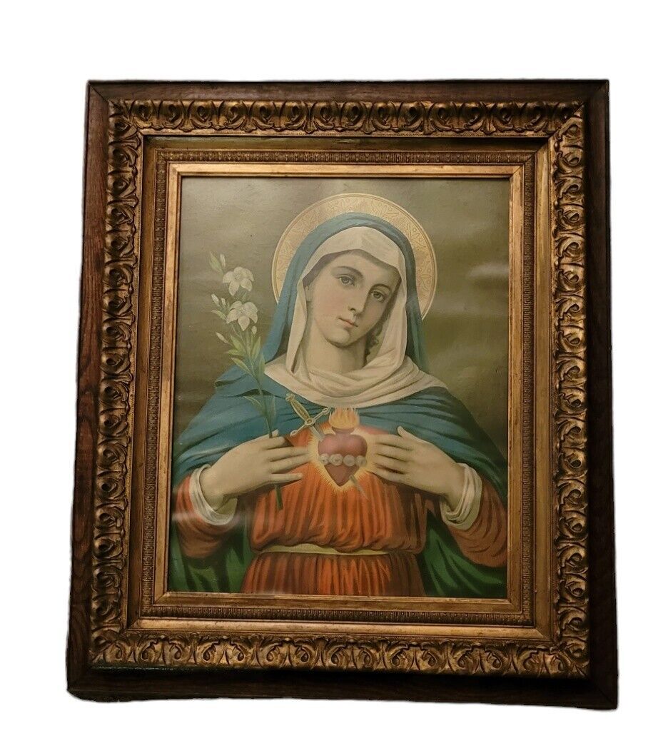 Antique Immaculate Sacred Heart of Mother Mary Religious Print Gold Frame 16x20