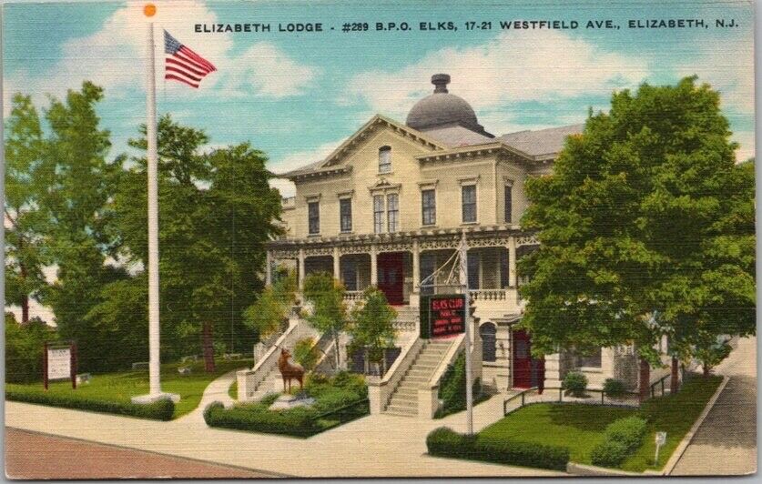 ELIZABETH, New Jersey Postcard B.P.O.E. / ELKS LODGE #289 Westfield Ave. Linen