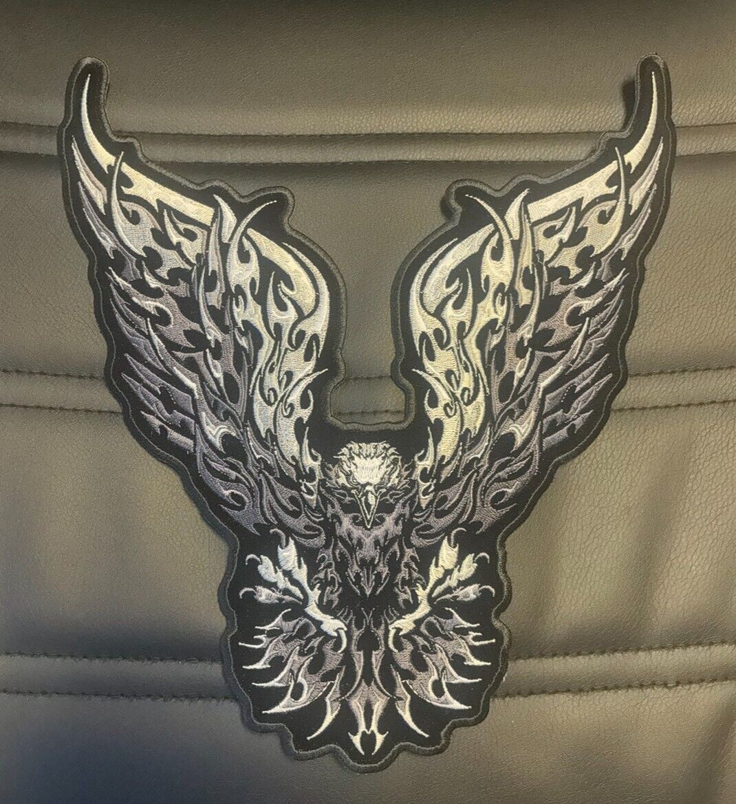 PHOENIX EAGLE WITH WHITE FLAMES LARGE BIKER PATCH IRON ON 13X11 INCH