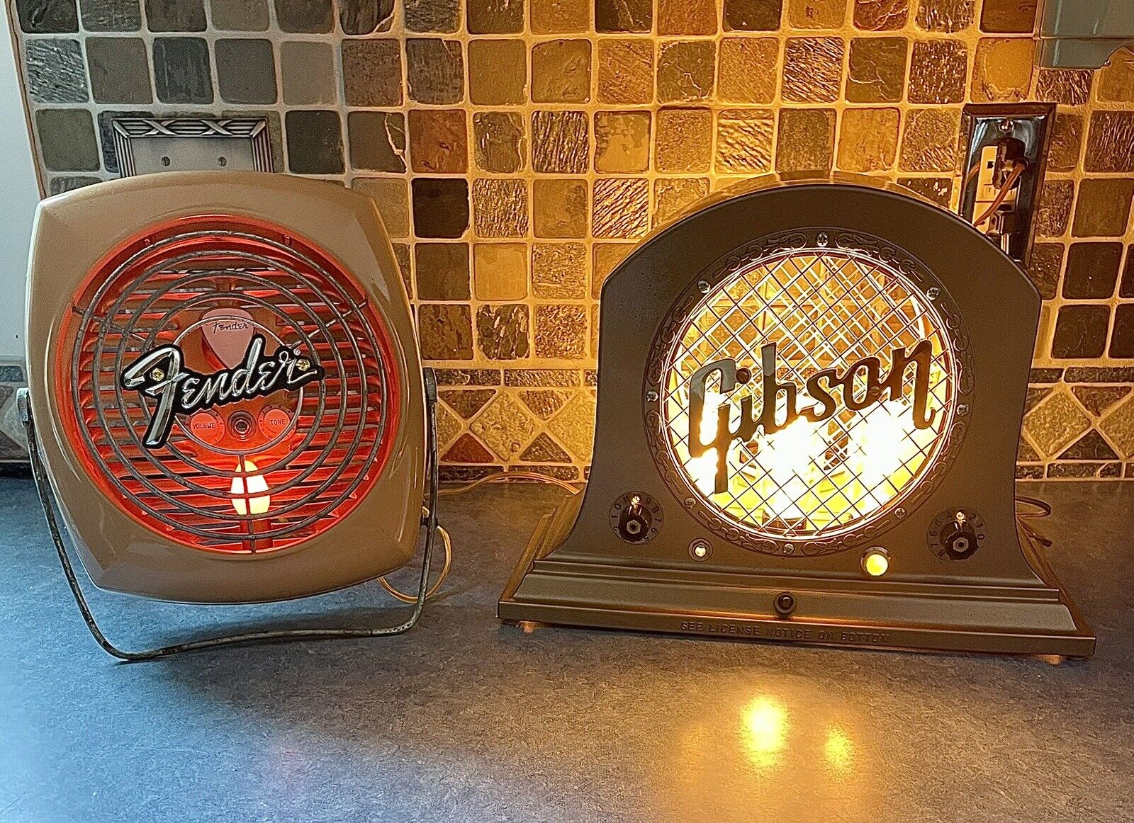 Antique Vintage Folk Art Gibson Amp Fender Guitar Sign Lamp Light Display Set