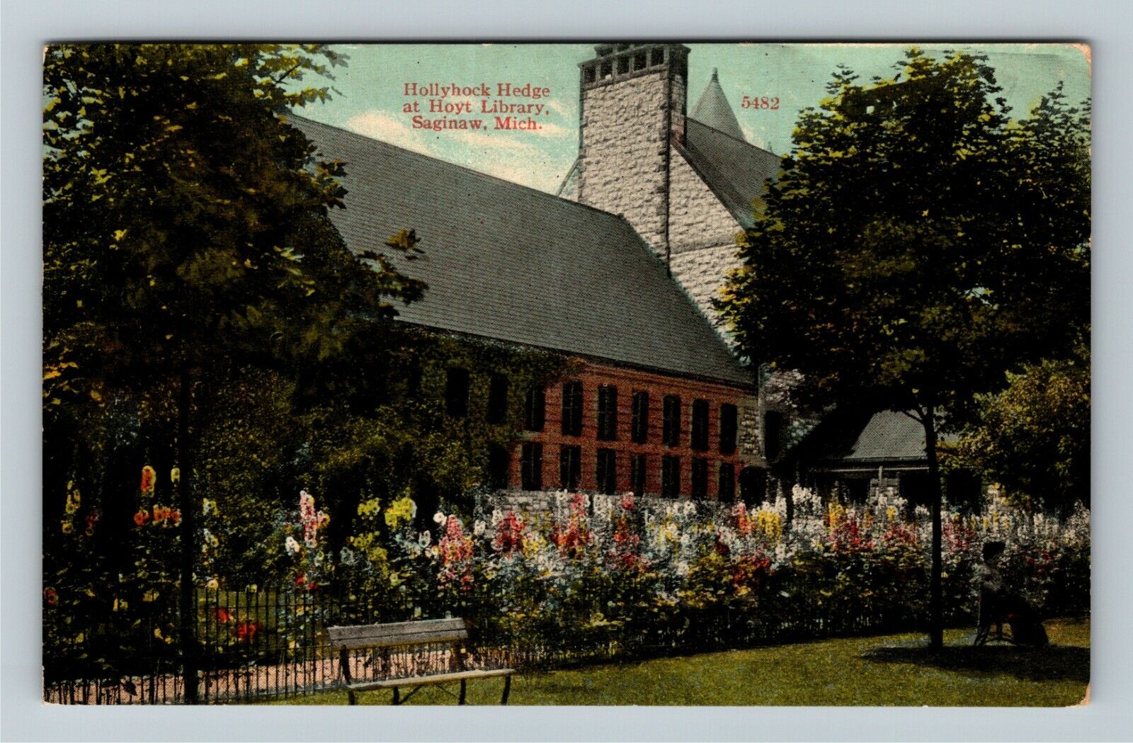 Saginaw MI-Michigan, Hollyhock Hedge at Hoyt Library, c1916 Vintage Postcard