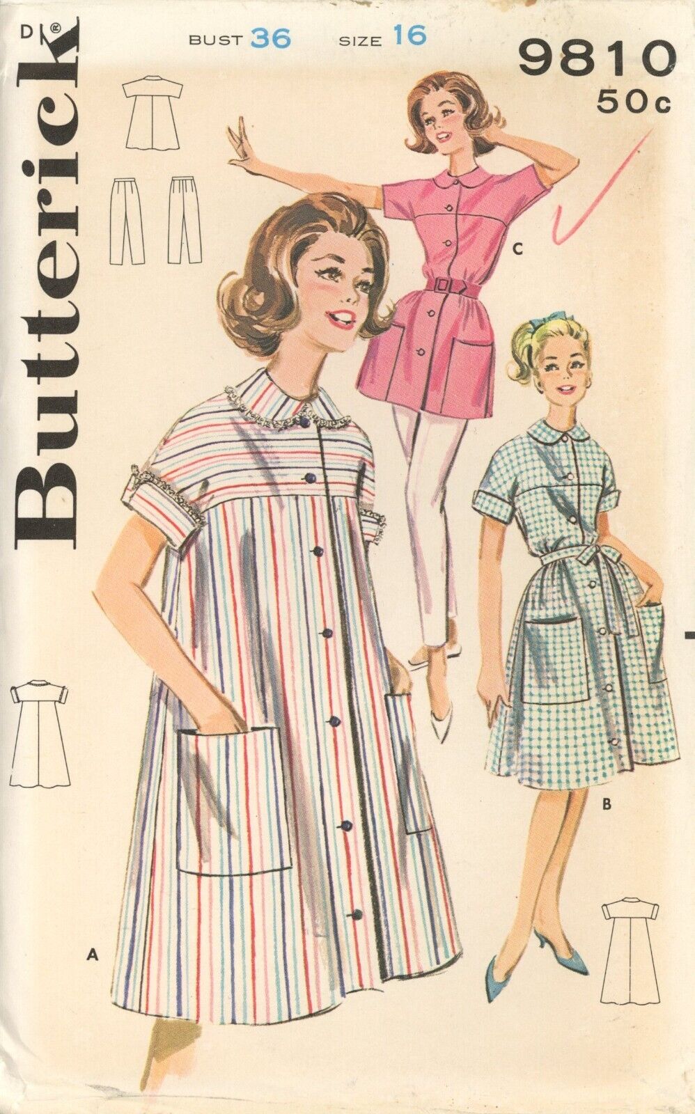 Butterick 9810 Long or Short Robe w Patch Pockets, Slim Lounge Pants Sz 16 UNCUT