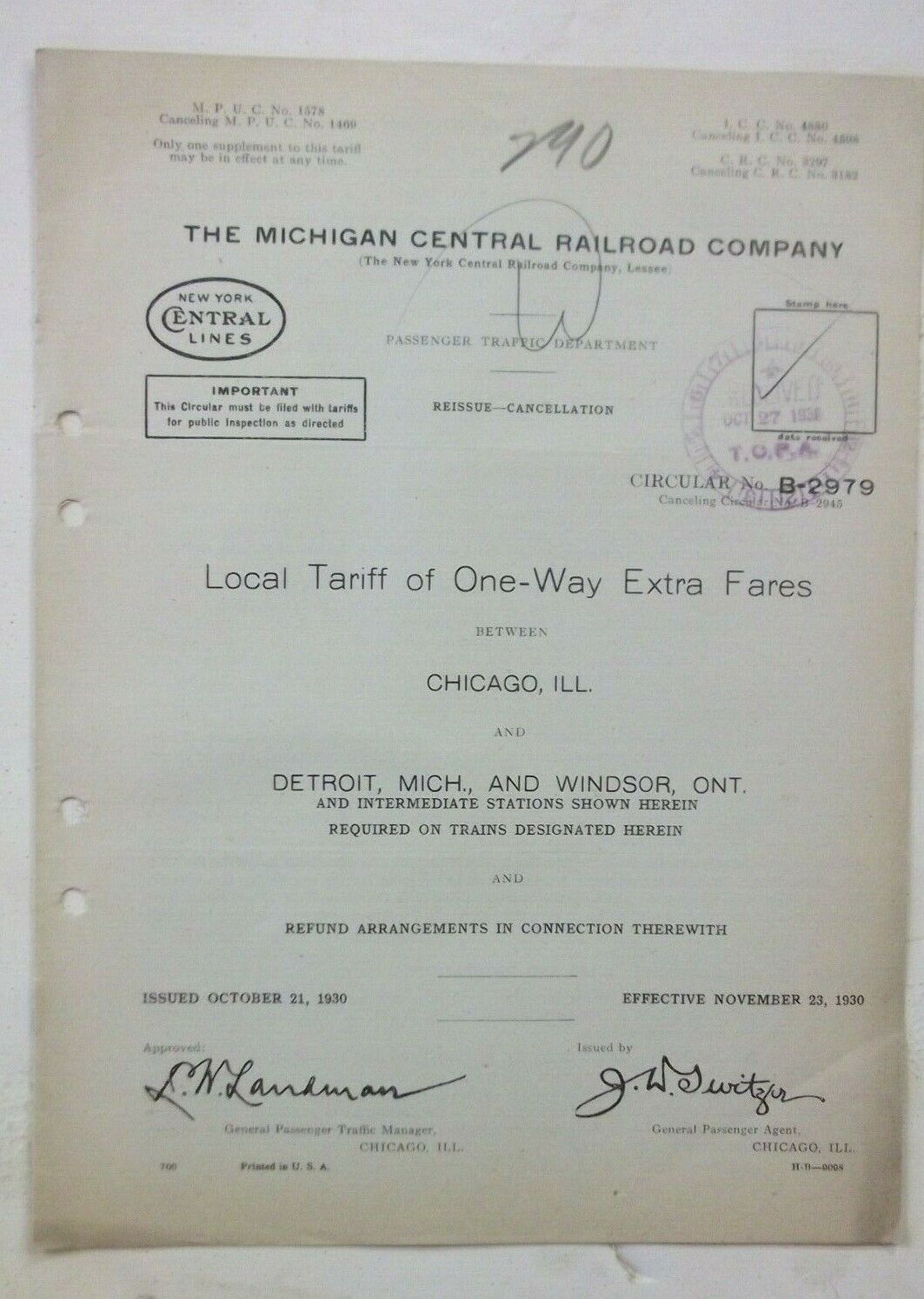 NOV. 23, 1930 MICHIGAN CENTRAL RAILROAD CO. LOCAL TARIFF OF ONE-WAY EXTRA FARES