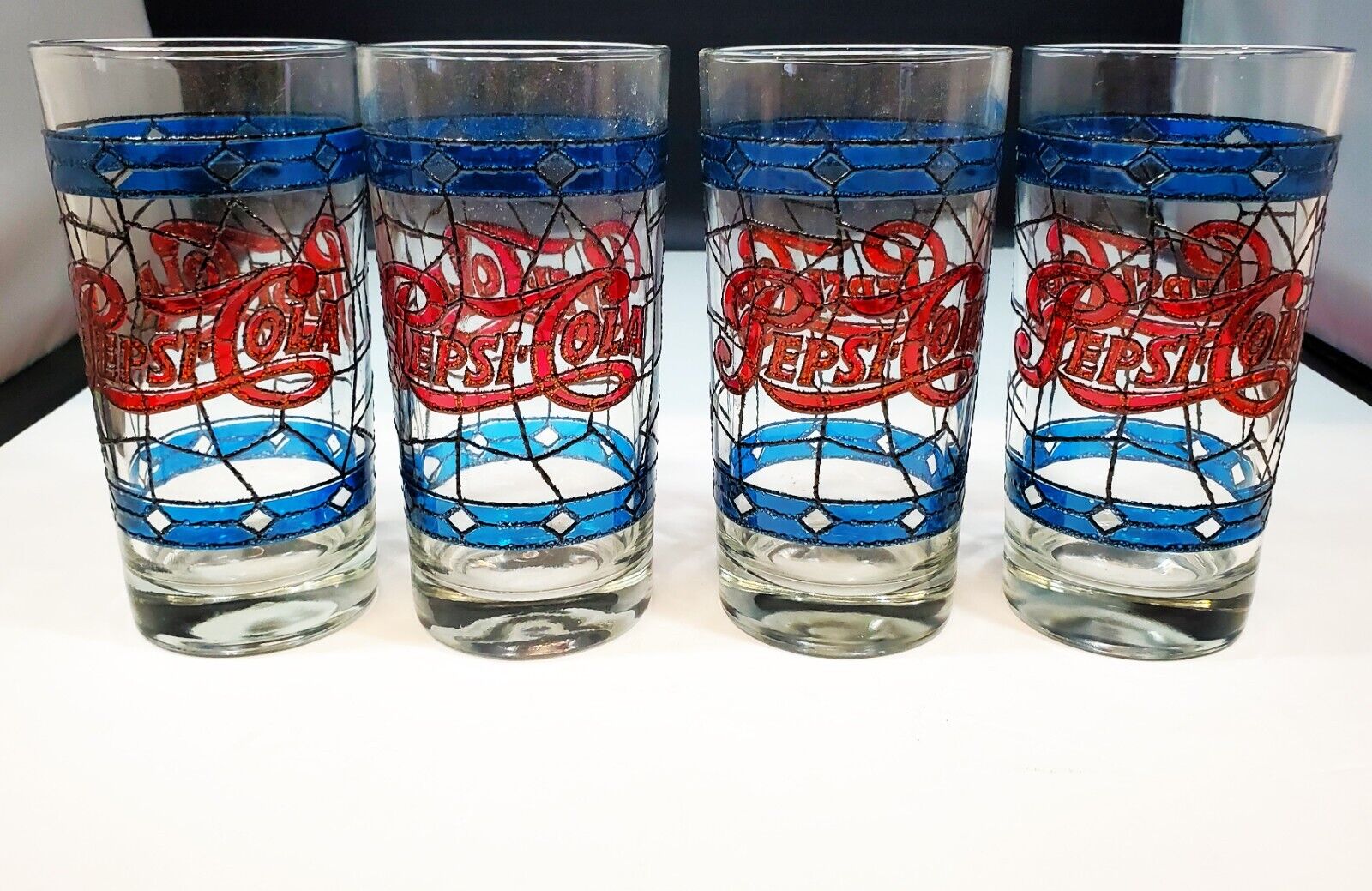 Set of 4 Vintage Pepsi Cola Glasses 1970's Tiffany Style-Stained Glass 16 oz.