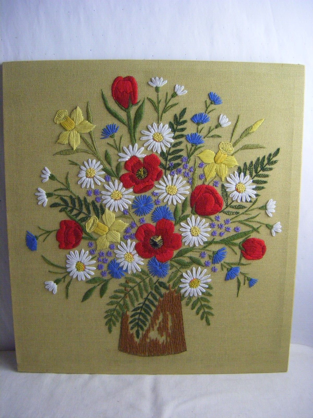 Vtg 50-60s MCM Embroidery Framed Wall Hanging Art- Floral Vase 24\