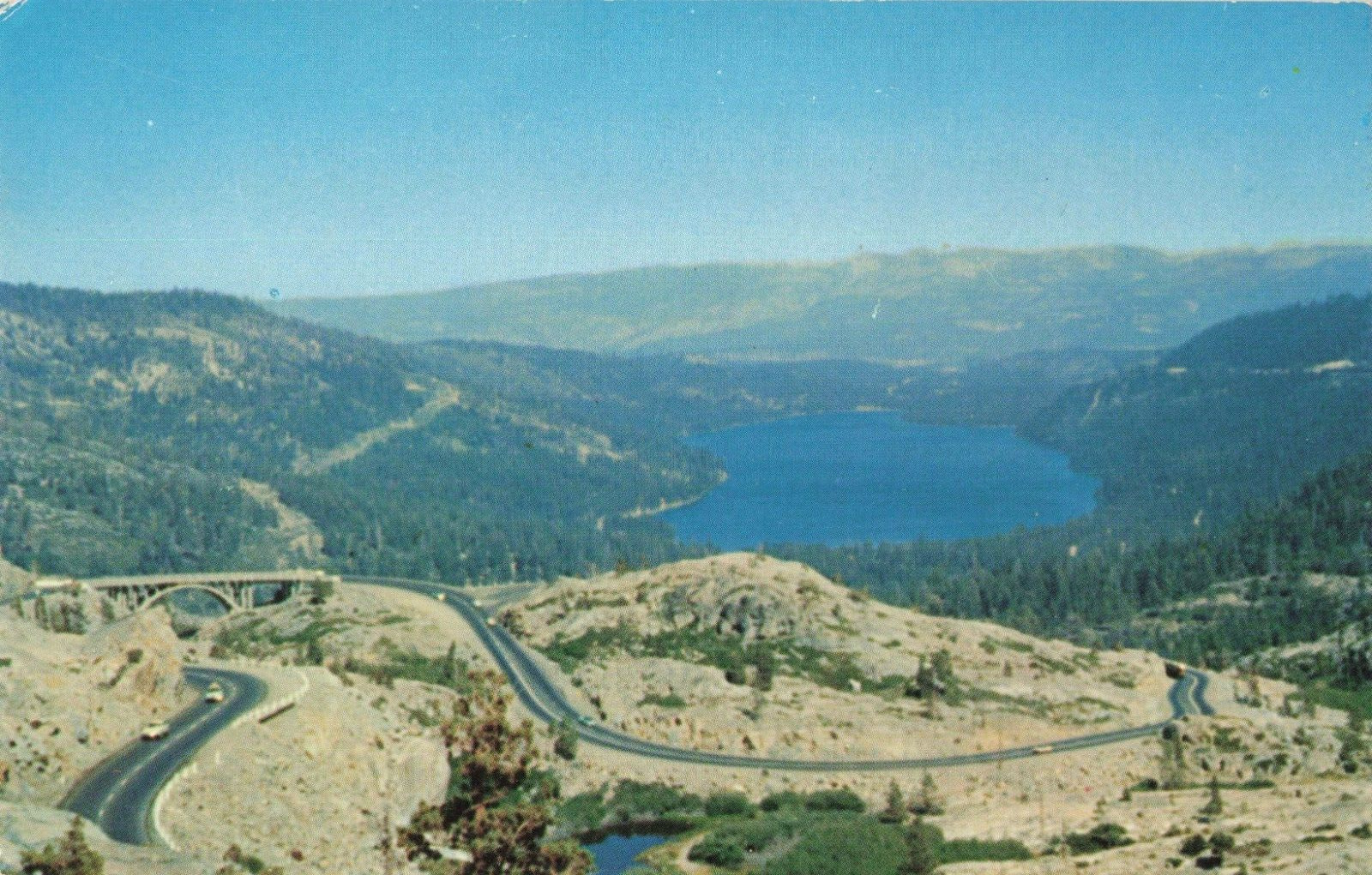 Donner Pass CA, Donner Lake, US Hwy 40, Sierra Nevada Mountains Vintage Postcard