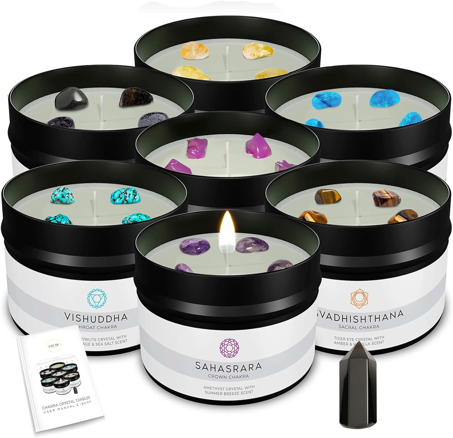 Healing Chakra Crystal Scented Candles Set with a Surprise Chakra Crystal Wand |