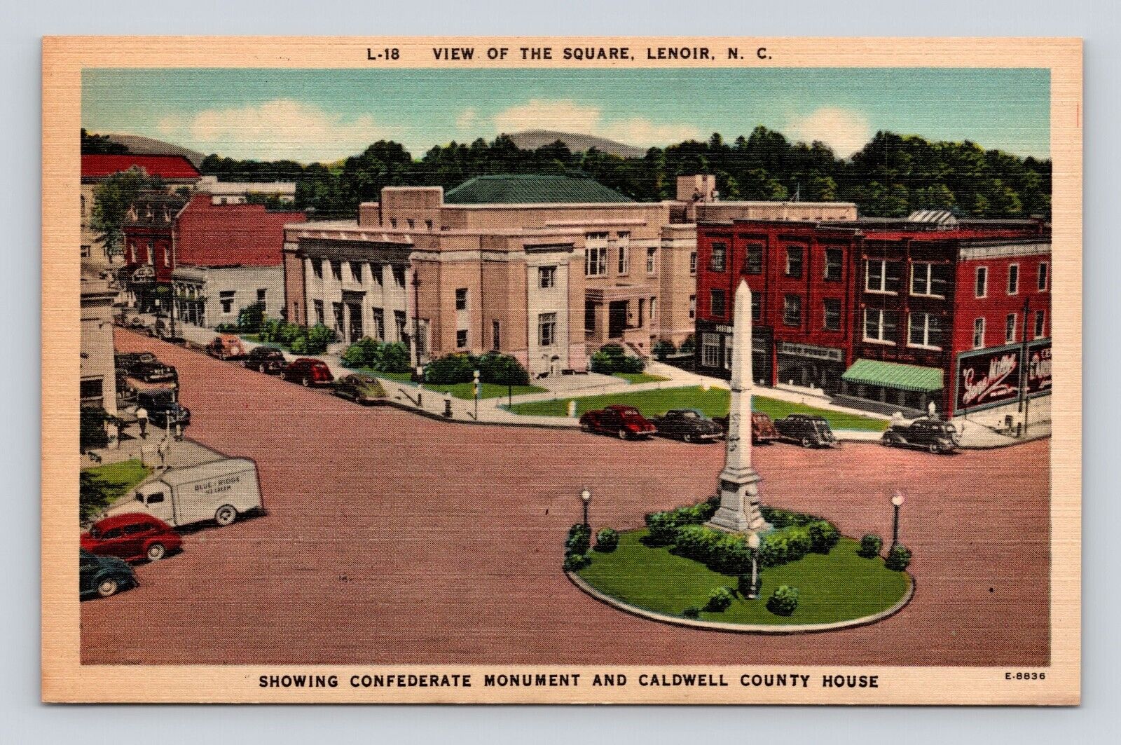 Postcard Lenoir NC Square Confederate Monument Caldwell County Cars Van 1940s #2