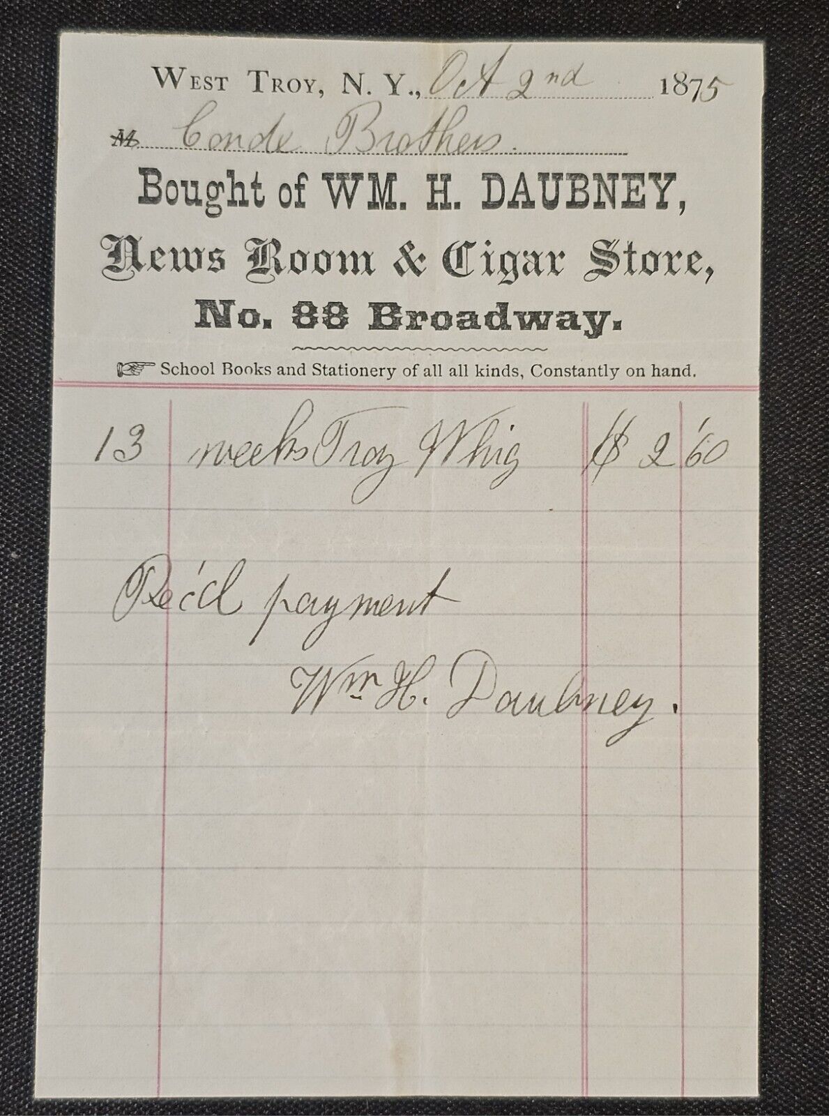 1875 Wm H Daubney News Room & Cigar Store Small Billhead Receipt West Troy, NY