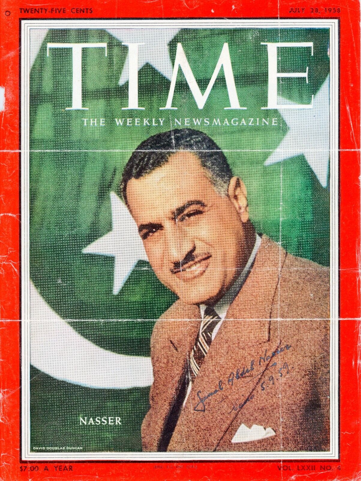 Gamal Abdel Nasser (Egypt) ~ Signed Autographed 1958 Time Magazine Cover ~ JSA