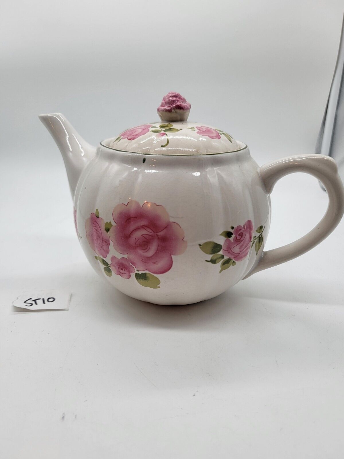 Vtg Gibson Roseland Teapot Round Cabbage Roses Pink Ceramic Tea Pot White Perky