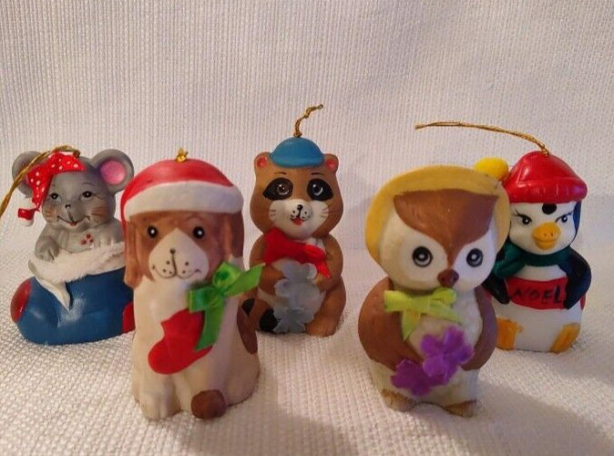 Vtg Giftco Inc Mouse, Dog, Raccoon, Owl And Penguin Bell Ornaments Set Of 5 EUC