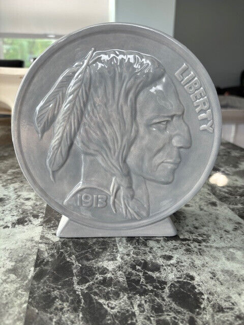 VTG United States 1913 Buffalo/ Indian Head Nickle Ceramic Coin Bank,  7.5